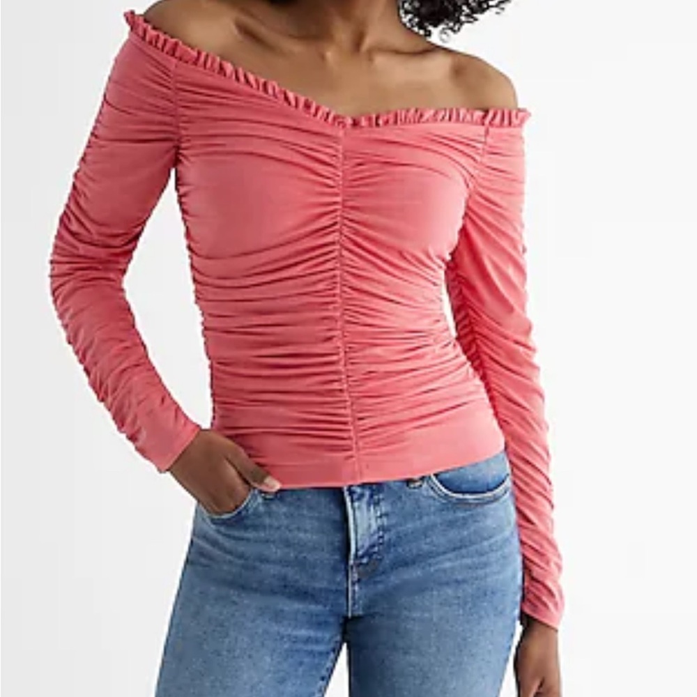 Off-Shoulder Ruched Top in Coral